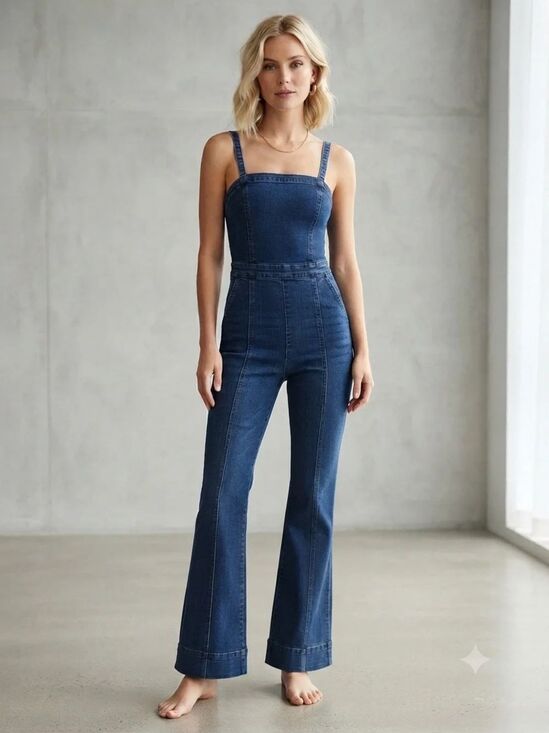 Sincerly Jules Denim - Sincerly Jules Blue Denim Fitted Flare Bottom Jean Overalls Front Seam Size XS
